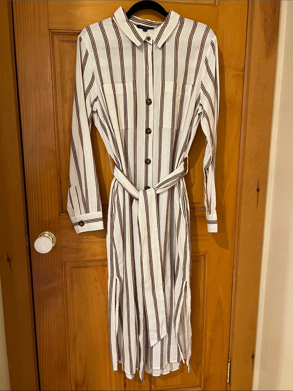 Striped Shirt Dress with Waist Tie - White and Brown
